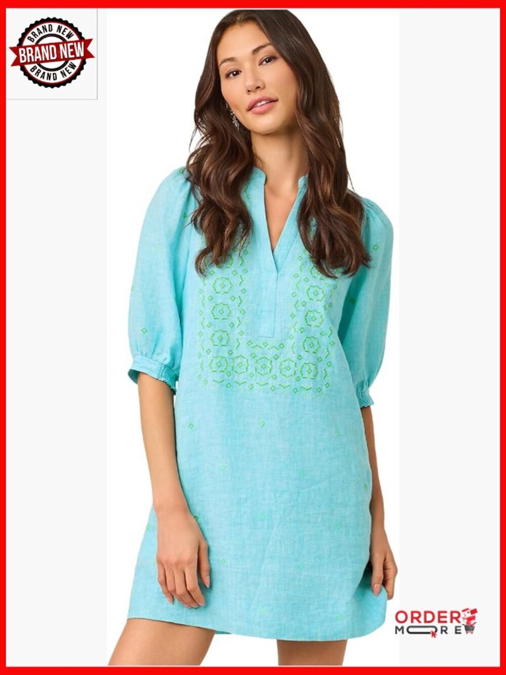 Elbow Sleeve Linen Dress with Floral Embroidery, Easy Fit, Pull On